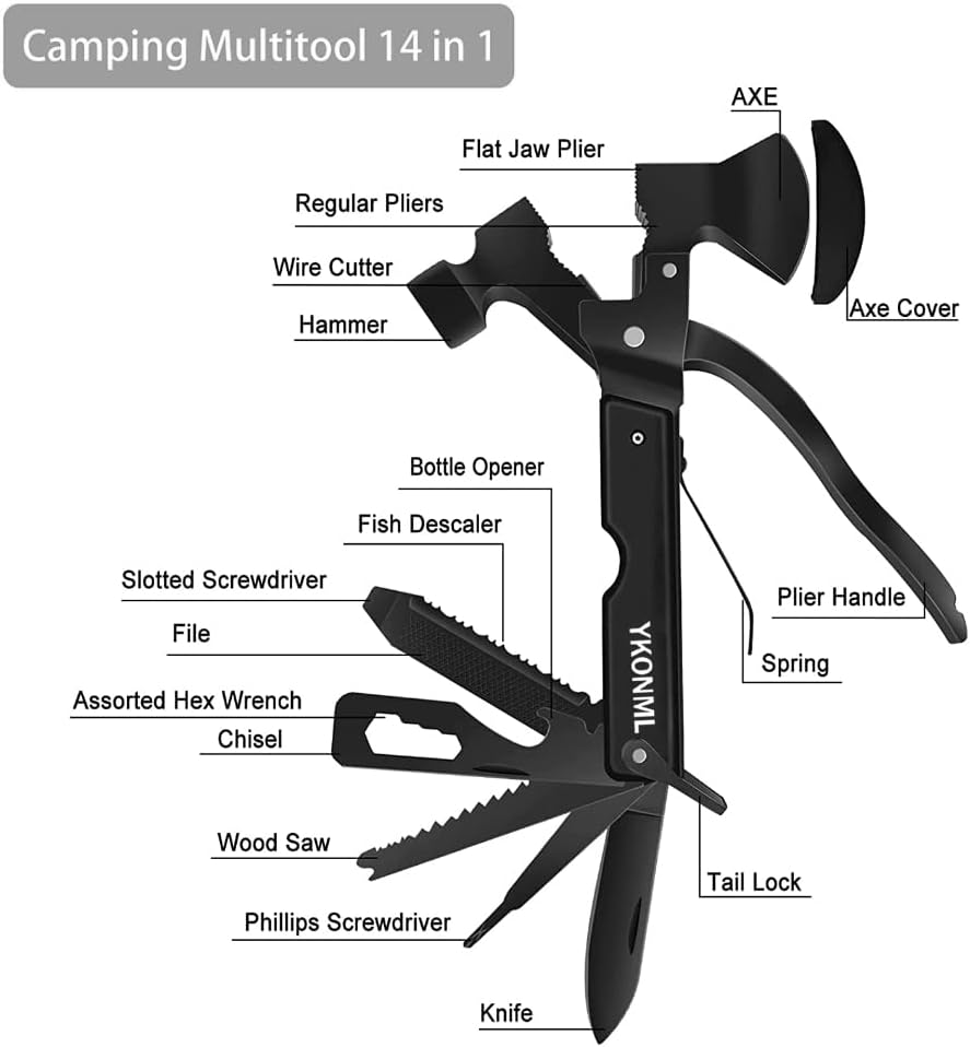 Camping Gear Pocket tool kit multitool hammer axe hunting accessories pliers Great Gift for Men Outdoor Adventure Enthusiast Ideal Gifts for Men Him Dad Husband Boyfriend