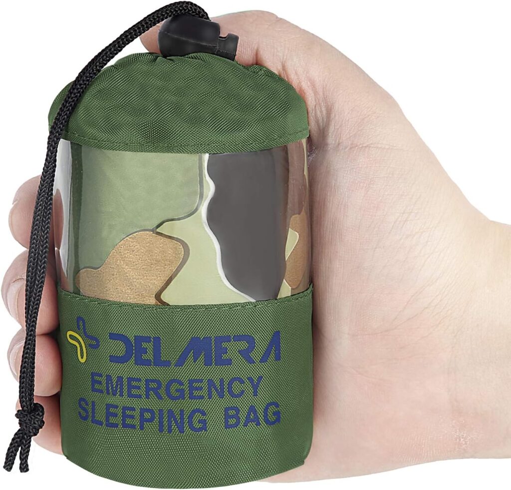 Delmera Emergency Sleeping Bag, Lightweight Survival Sleeping Bags Waterproof Thermal Emergency Blanket, Bivy Sack Survival Gear for Outdoor Adventure, Camping, Hiking, Orange, Green
