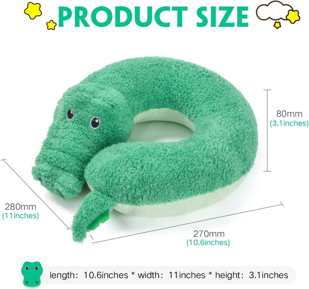 H HOMEWINS Travel Pillow for Kids Toddlers-Soft Neck Head Chin Support Pillow,Cute Animal,Comfortable in Any Sitting Position for Airplane,Car,Train,Machine Washable,Children Gift (Crocodile)