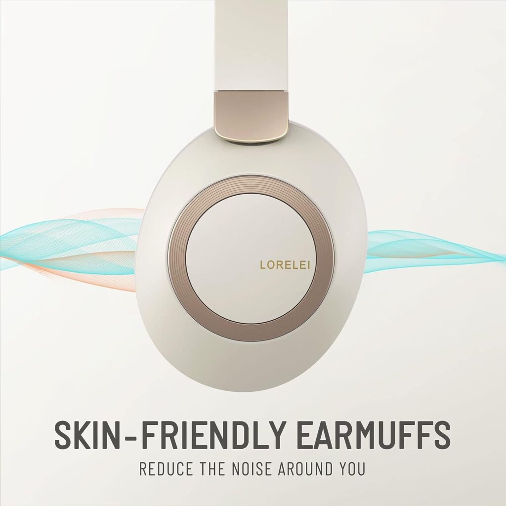 LORELEI B-C6 Wireless Over Ear Headphones, 50H Playtime Foldable Lightweight Bluetooth Headsets, Deep Bass, Built-in Microphone, Memory Foam Earmuff, for Travel, Home Office (Beige White)