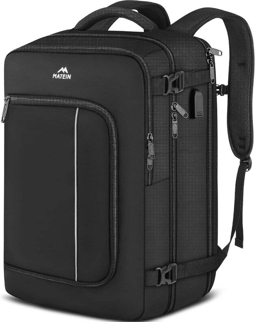 MATEIN Travel Backpack Airline Approved, Underseat Carry on Backpack for Men  Women, 40L Large Backpack with 17 inch Laptop Compartment  Shoe Bag for Airplane Flight Luggage Personal Item, Black