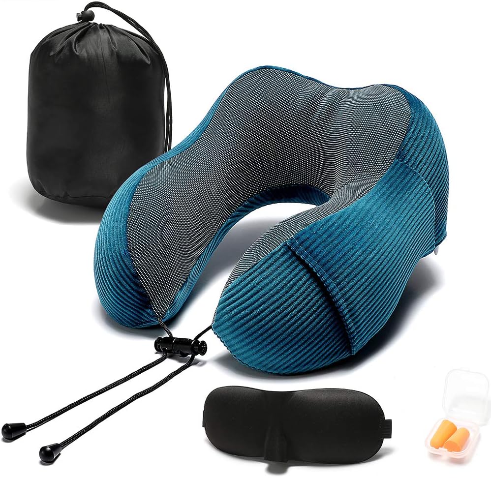 Memory Foam Neck Pillow with 360-Degree Head Support Lightweight Comfortable Travel Airplane Pillow with Storage Bag for Sleeping, Traveling,Car, Train, Bus and Home Use(Blue)