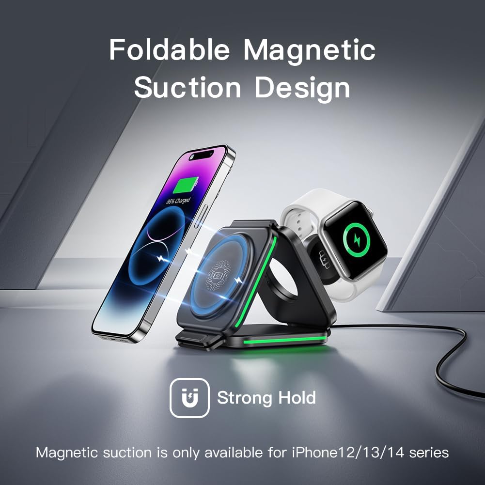 MURPISO 3 in 1 Magnetic Foldable Wireless Charger,Wireless Charging Station for Travel,Wireless Charging Pad Compatible for iPhone 14/13/12/Pro/Max/Mini,AirPods Wireless/Pro,iWatch Ultra/8/7/6/5/4/3/2