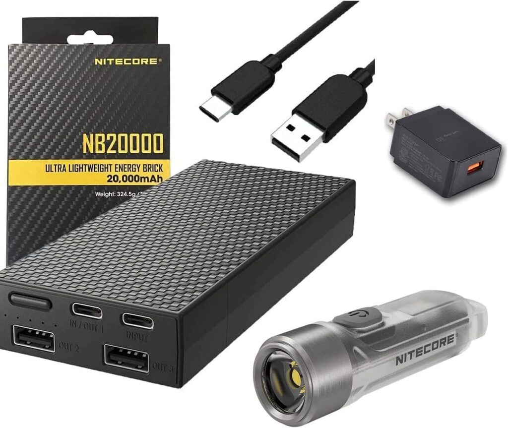 Nitecore NB20000 Ultra Lightweight and Slim Quick Charge Multi Port USB C Power Bank 20,000mAh LifeMods Bundled With QC 3.0 USB Wall Adapter Powerbank Charger, Cable  Tiki Rechargeable Keychain Light