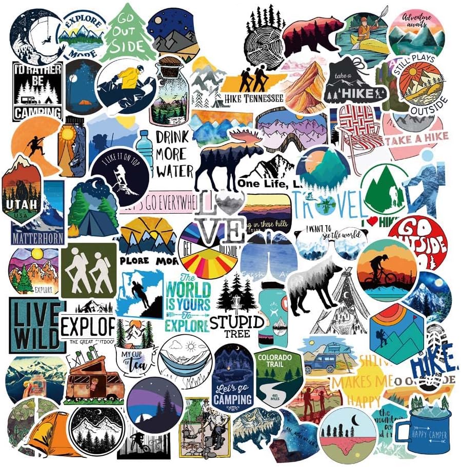 Outdoor Hiking Adventure Camping Stickers Pack 107pcs, Waterproof Vinyl Travel Wildlife Stickers for Water Bottle Laptop Hydroflask Cup Car, Wilderness Nature Decals for Camper Boys Adults Teens Girls