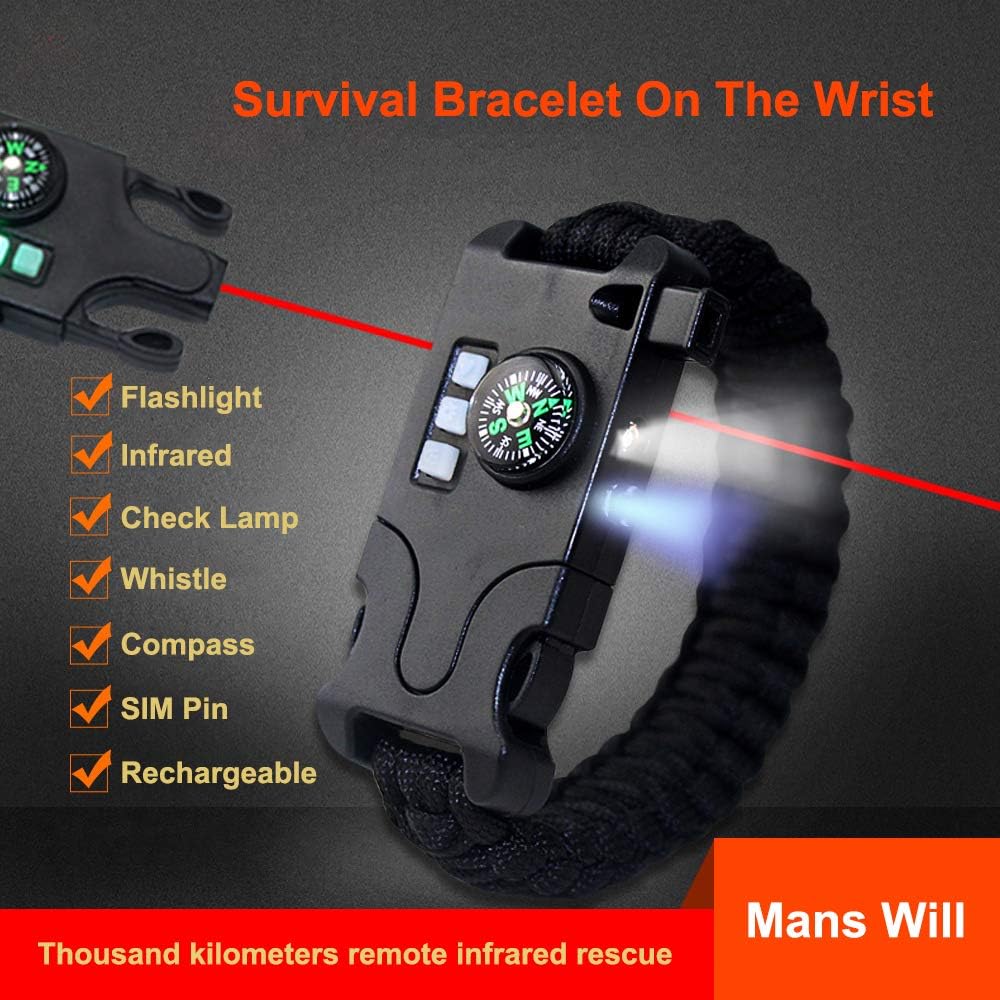 Rechargeable All in 1 Paracord Bracelet, 2019 New 7 String Woven Sports Survival Parachute Cord Wristband Gear Kit with Emergency First Aid Multi-Tool Accessories for Outdoor Wilderness Adventure