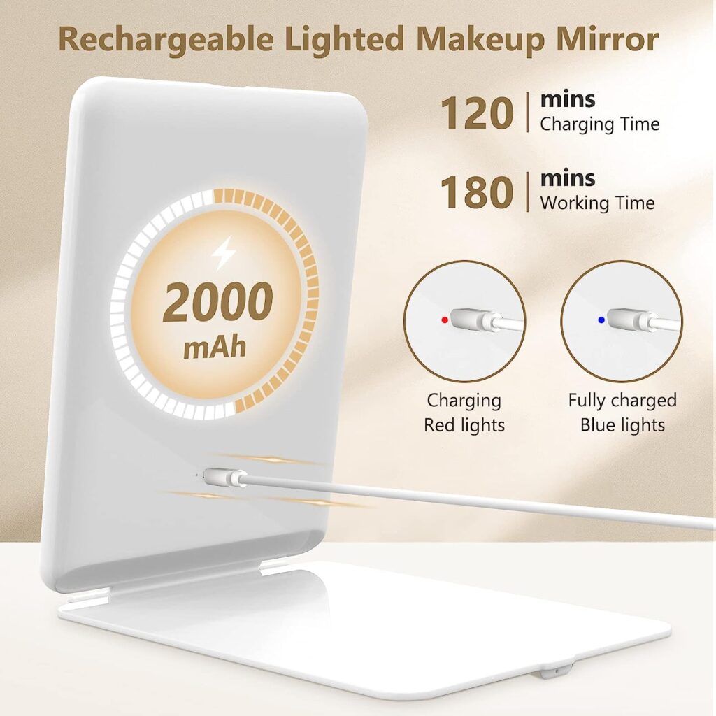Rechargeable Travel Makeup Mirror with 10X Magnifying Mirror, Vanity Mirror with 80LEDs, 3 Color Lighting, High Capacity 2000mAh Batteries, Portable Ultra Slim Lighted Makeup Mirror, Travel Essential