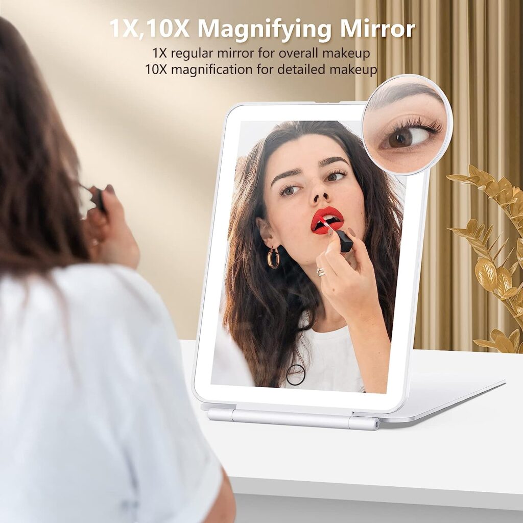 Rechargeable Travel Makeup Mirror with 10X Magnifying Mirror, Vanity Mirror with 80LEDs, 3 Color Lighting, High Capacity 2000mAh Batteries, Portable Ultra Slim Lighted Makeup Mirror, Travel Essential