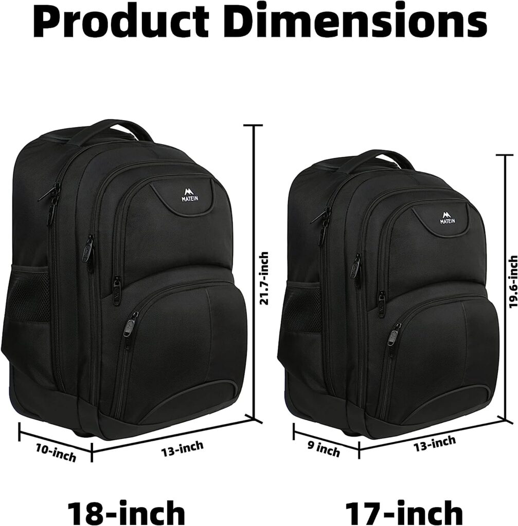 Rolling Backpack, MATEIN 17 inch Water Resistant Wheeled Laptop Backpack, Carry on Luggage Business Bag, Overnight College Computer Backpack Trolley Suitcase for Men Women Adults to Travel, Black