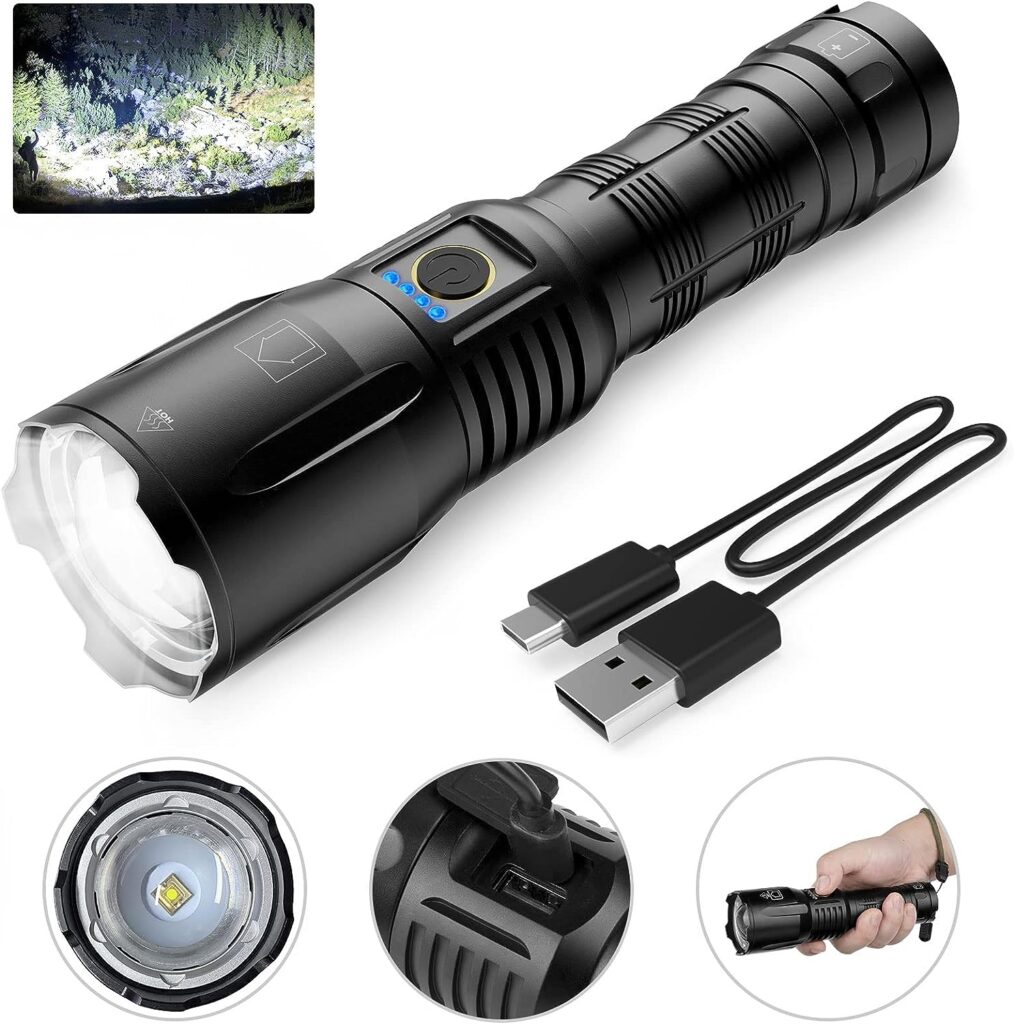 SKNSL Flashlights High Lumens Rechargeable - 200000 Lumen High Power Flashlight, 5 Modes with Long Runtime, IPX6 Waterproof, High Powered Flash Light for Camping, Outdoors