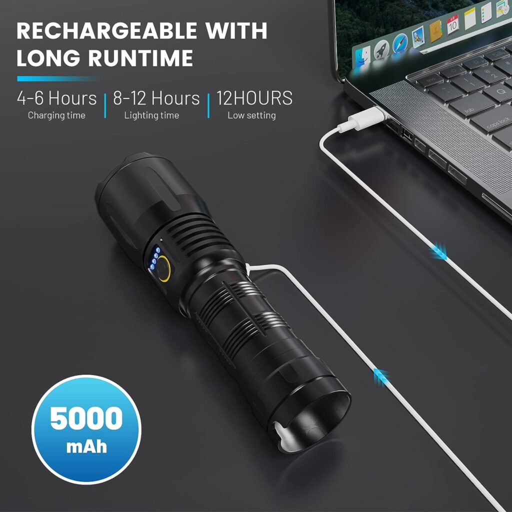 SKNSL Flashlights High Lumens Rechargeable - 200000 Lumen High Power Flashlight, 5 Modes with Long Runtime, IPX6 Waterproof, High Powered Flash Light for Camping, Outdoors