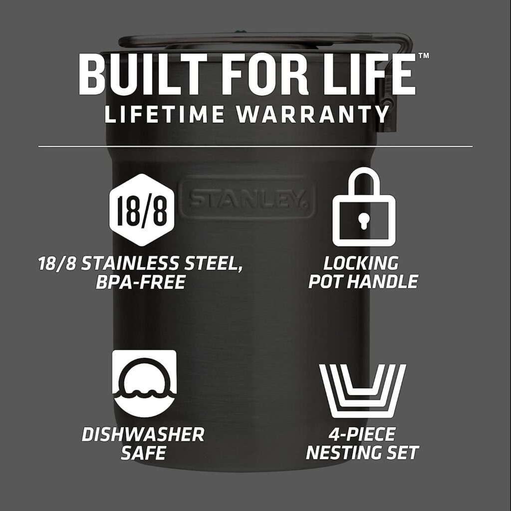 Stanley Adventure Camp Cook Set - 24oz Kettle with 2 Ceramic Cups - Stainless Steel Camping Cookware with Vented Lids Foldable + Locking Handle - Lightweight Cook Pot for Backpacking/Hiking/Camping