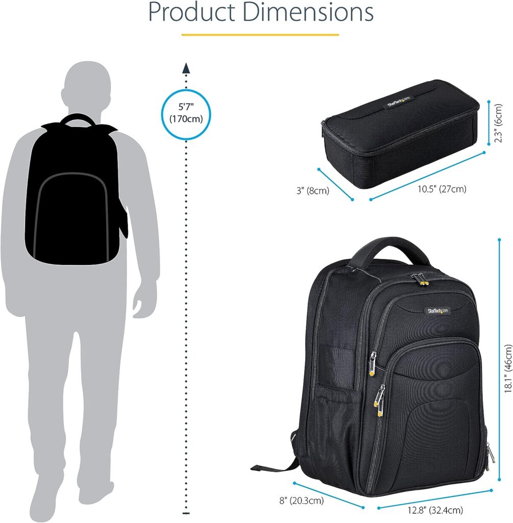 StarTech.com Unisex Backpack Ergonomic Computer Bag with Removable Accessory Case-Laptop/Tablet Pockets-Nylon, Black, 17.3 Professional IT Tech Backpack for Work/Travel/Commute (NTBKBAG173)