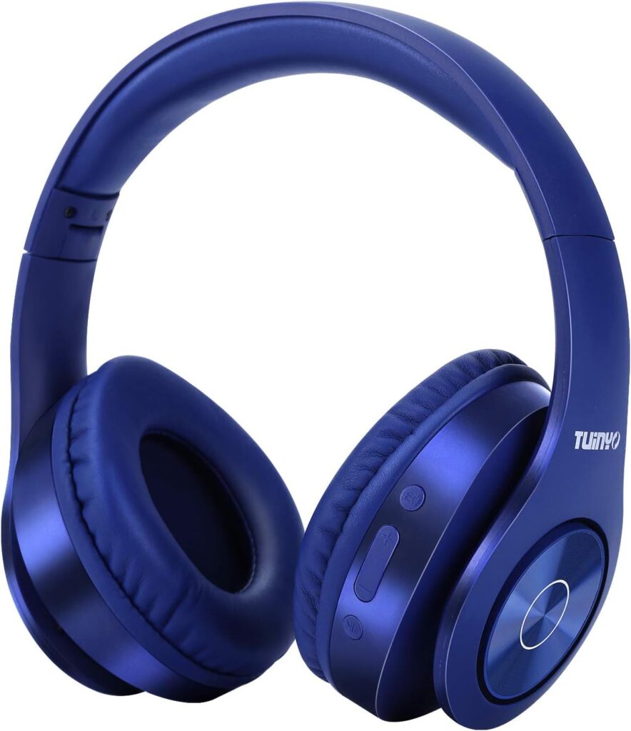 TUINYO Bluetooth Headphones Wireless, Over Ear Stereo Wireless Headset 40H Playtime with deep bass, Soft Memory-Protein Earmuffs, Built-in Mic Wired Mode PC/Cell Phones/TV-Dark Blue