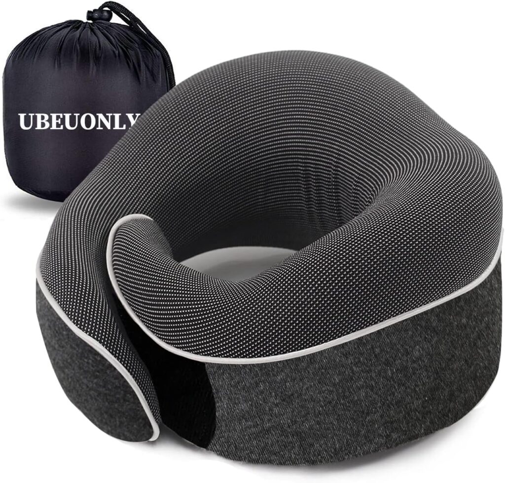 UBEUONLY Travel Neck Pillow Chin Support Pillow Adjustable 100% Pure Memory Foam , New Ergonomic Design Soft Best Full Neck Surround Pillow Sleep for Home, Airplanes  Car (Black)