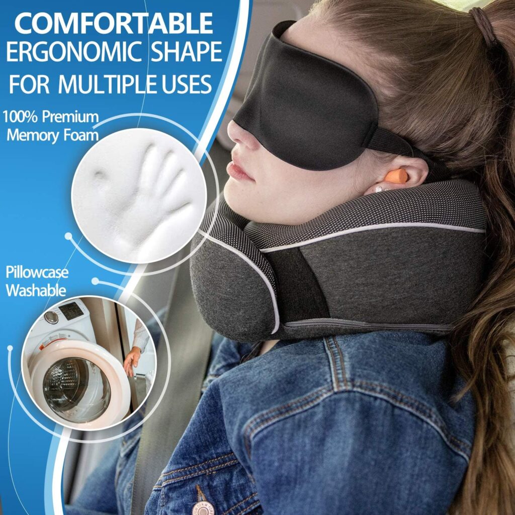 UBEUONLY Travel Neck Pillow Chin Support Pillow Adjustable 100% Pure Memory Foam , New Ergonomic Design Soft Best Full Neck Surround Pillow Sleep for Home, Airplanes  Car (Black)
