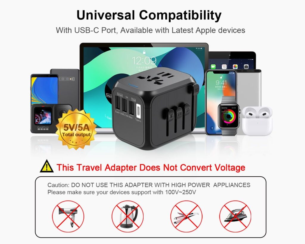 Upgraded Worldwide Travel Adapter, International Travel Plug Adapter with Europe UK AUS US All in 1 Plug  Universal AC Outlet, 5.6A Smart Power and 2*USB-C Travel Adaptor Charger-Black