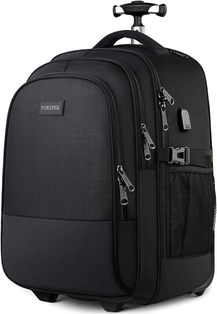 YOREPEK Backpack with Wheels, Large Rolling Backpack for Men Women, Water Resistant Business Travel Carry on Wheeled Backpack Bag, Durable Roller College Computer Bag Fits 15.6 Inch Laptop, Black