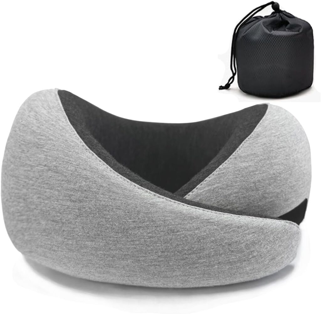 100% Pure Memory Foam Travel Pillow for Sleep at Home, Airplane, Car, Neck Pillow with Luxury Bag, Comfortable, Breathable  Super Soft Cover, Support Head, Chin, Machine Washable (Light Grey)