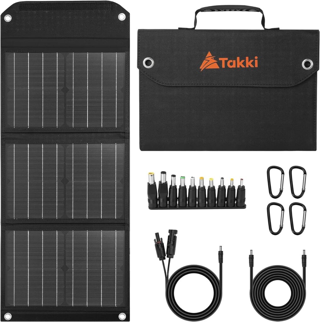 30W Solar Panel, Takki Foldable Solar Panel Battery Charger Kit with USB DC Type-C Ports for Phones Laptop Portable Power Station Generator Camping Tent Home Off-Grid RV Outdoor, 10 Connectors