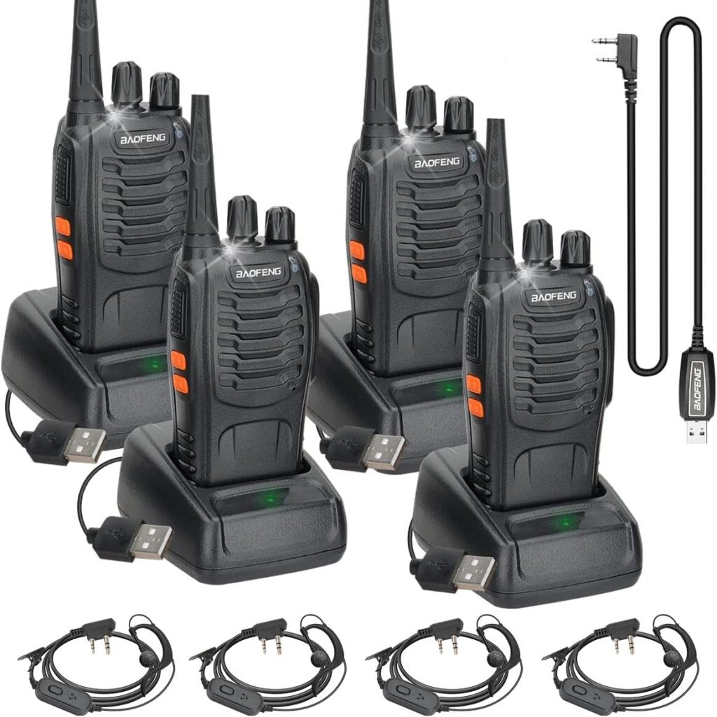 4 Pack Baofeng Walkie Talkies for Adults Long Range Walkie Talkie with Earpieces Rechargeable Handheld 2 Way Radios Walky Talky with Programming Cable and USB Base Charger