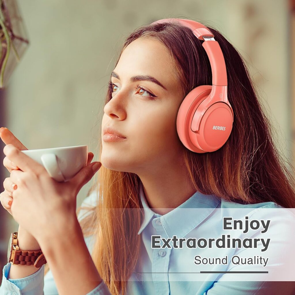 Bluetooth Headphones Over Ear,BERIBES 65H Playtime and 6 EQ Music Modes Wireless Headphones with Microphone,HiFi Stereo Foldable Lightweight Headset, Deep Bass for Home Office Outdoors Etc(Orange Red)