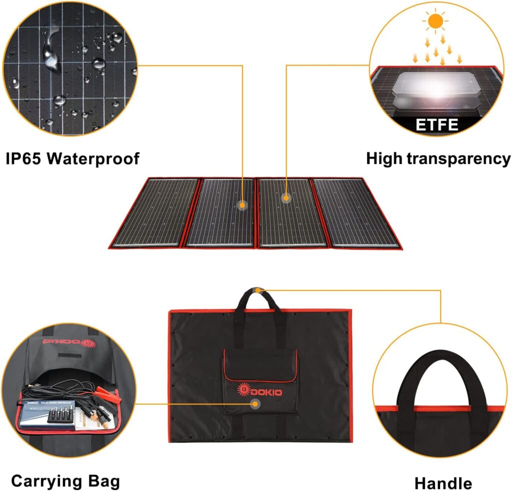DOKIO 220w 18v Portable Foldable Solar Panel Kit (29x21inch,11.7lb) Solar Charger with Controller 2 USB Output to Charge 12v Batteries/Power Station (AGM, Lifepo4) Rv Camping Trailer Emergency Power……