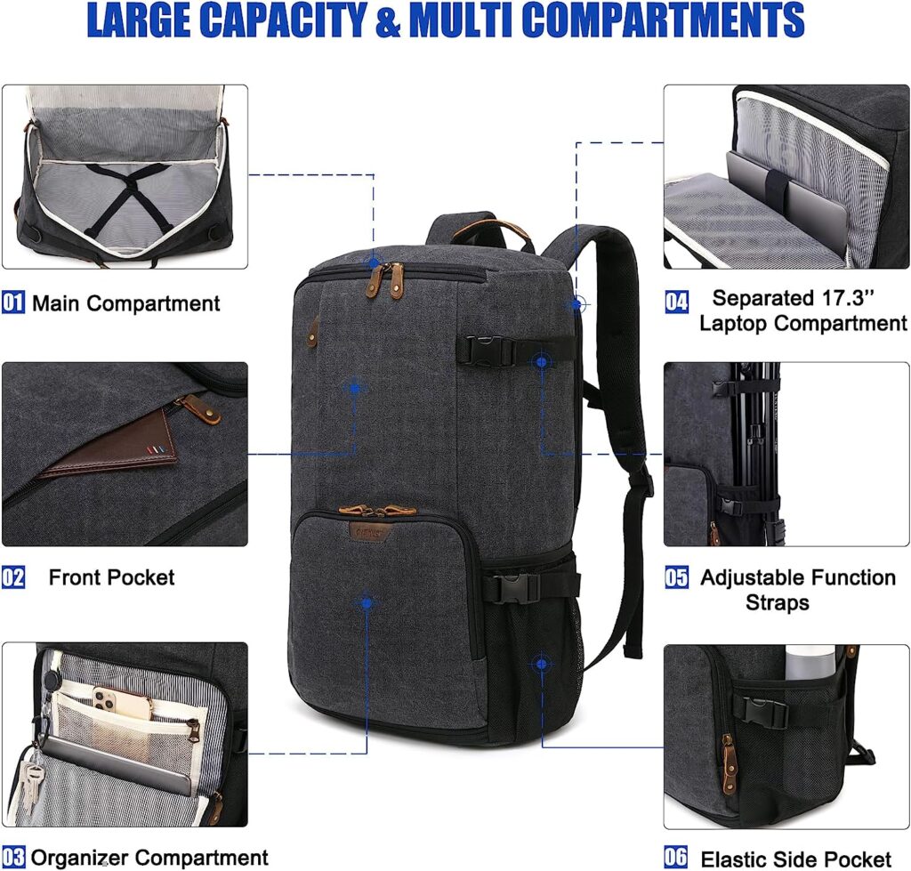 G-FAVOR Travel Backpack, Carry On Backpack 40L Large Canvas Rucksack 17 inch Laptop Backpack Duffel Bag Weekender Overnight Travel Bags
