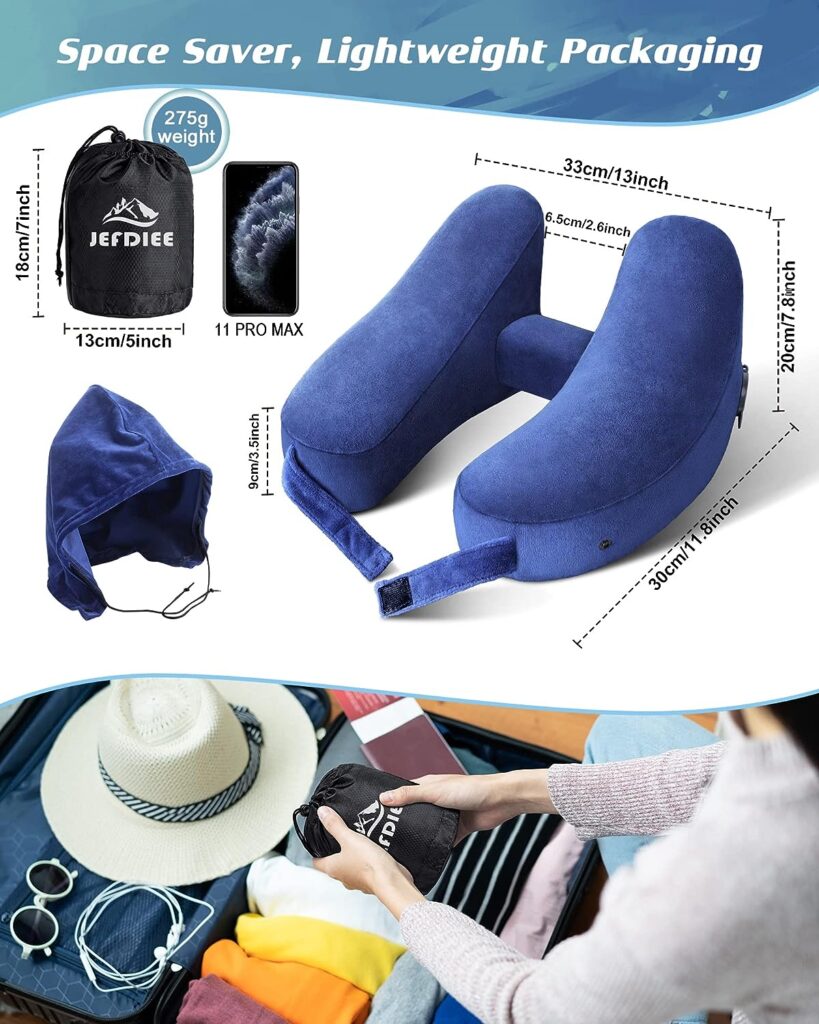 JefDiee Neck Pillows for Travel, Travel Pillow for Neck, Chin, Head Support, Airplane Pillow with Soft Washable Velour Cover, Hat, Portable Luxury Bag, 3D Sleep Mask and Earplugs (Blue)