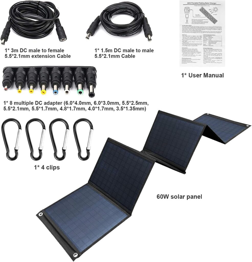 Keshoyal Foldable Solar Panel – 60W Portable Solar Panels with 5V USB and 18V DC for Camping,Cell Phone,Tablet and 5-18V Devices – Compatible with Solar Generators Power Stations
