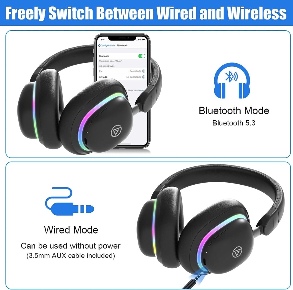LOBKIN Bluetooth 5.3 Headphones Over-Ear - Lightweight Wireless Foldable Headset Built-in Microphone with Wireless and Wired Stereo Gaming Headphone Deep Bass for Adult Girls Boys