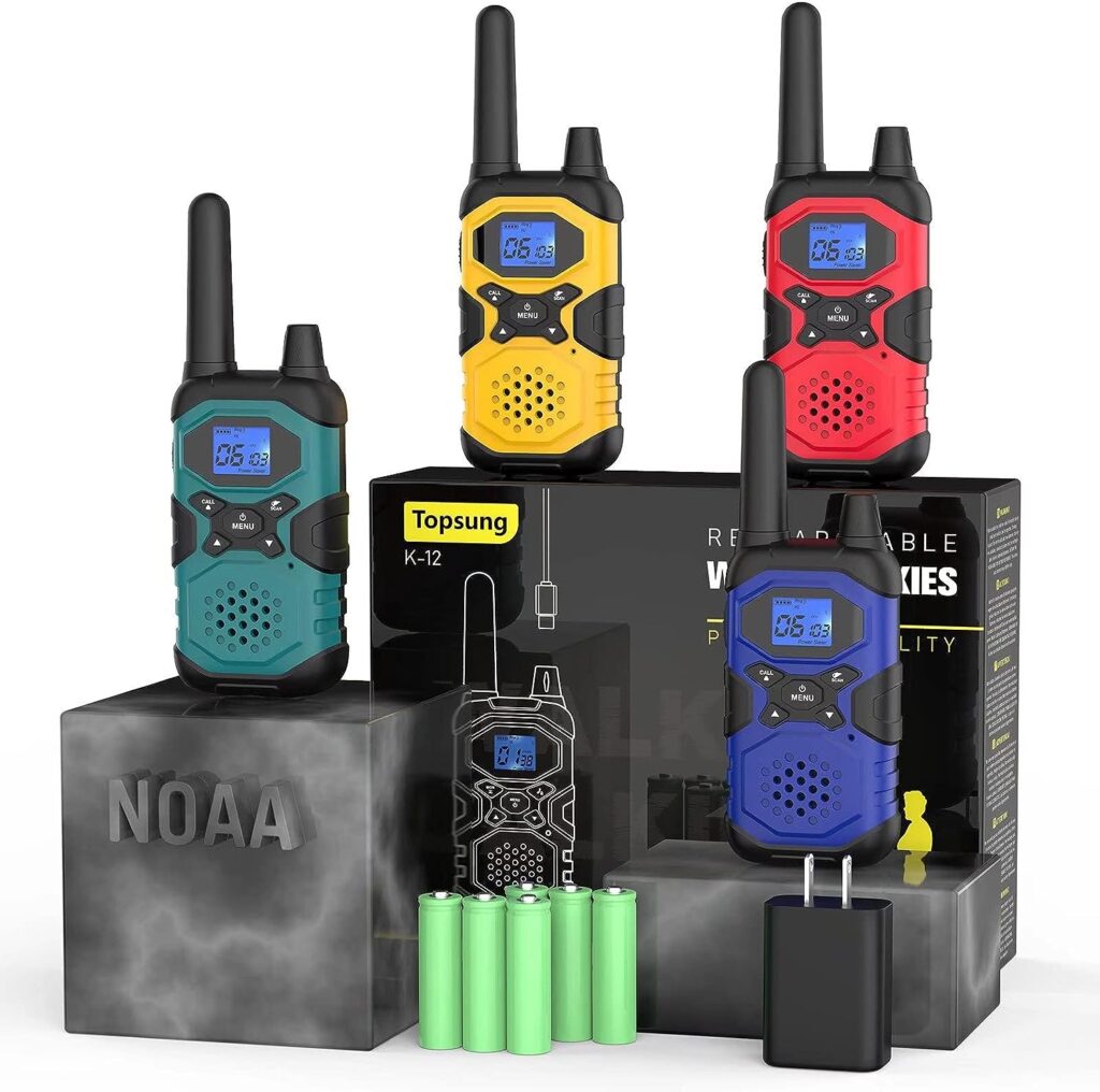 Rechargeable 4 Pack Radios Walkie Talkies for Adults - Long Distance Range 2 Way with Earpiece and Mic Set NOAA USB Charger 4500mAh Super Power Battery Pouch Lanyard