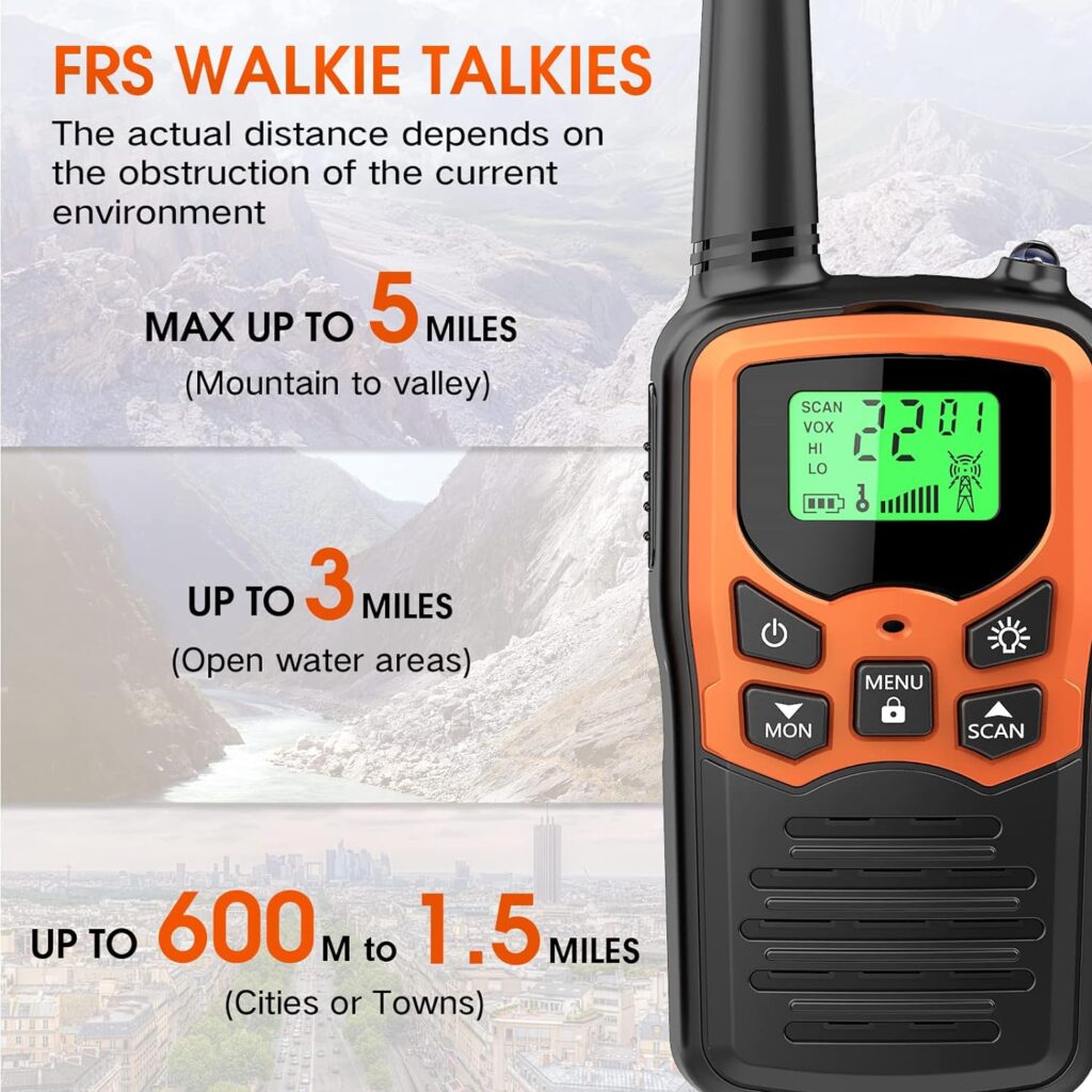 22 FRS Channels MOICO Walkie Talkies for Adults with LED Flashlight VOX Scan LCD Display, Long Range Family Radios for Hiking Camping Trip (Orange, 4 Pack)