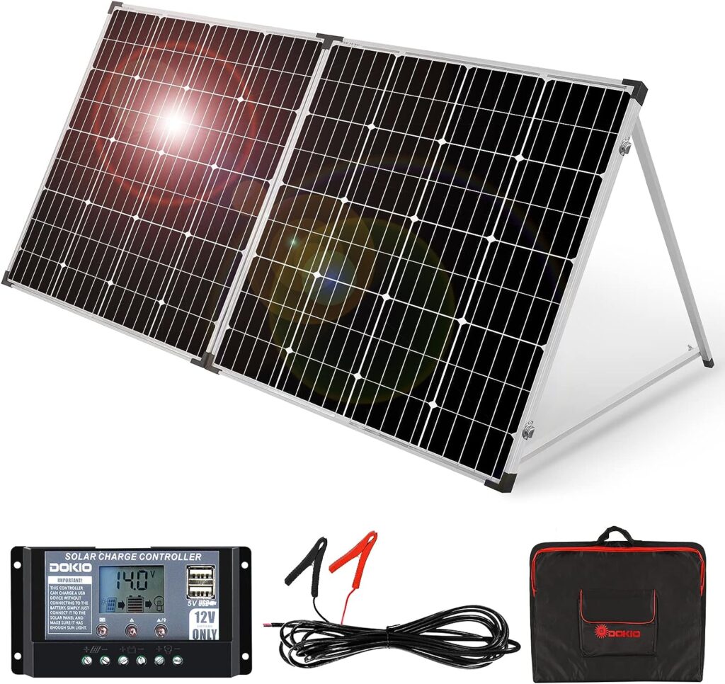 DOKIO Portable Foldable 150W 18v Solar Suitcase Monocrystalline, Folding Solar Panel Kit with Controller to Charge 12 Volts Batteries (AGM Lead/Acid Types Vented Gel) RV Camping Boat