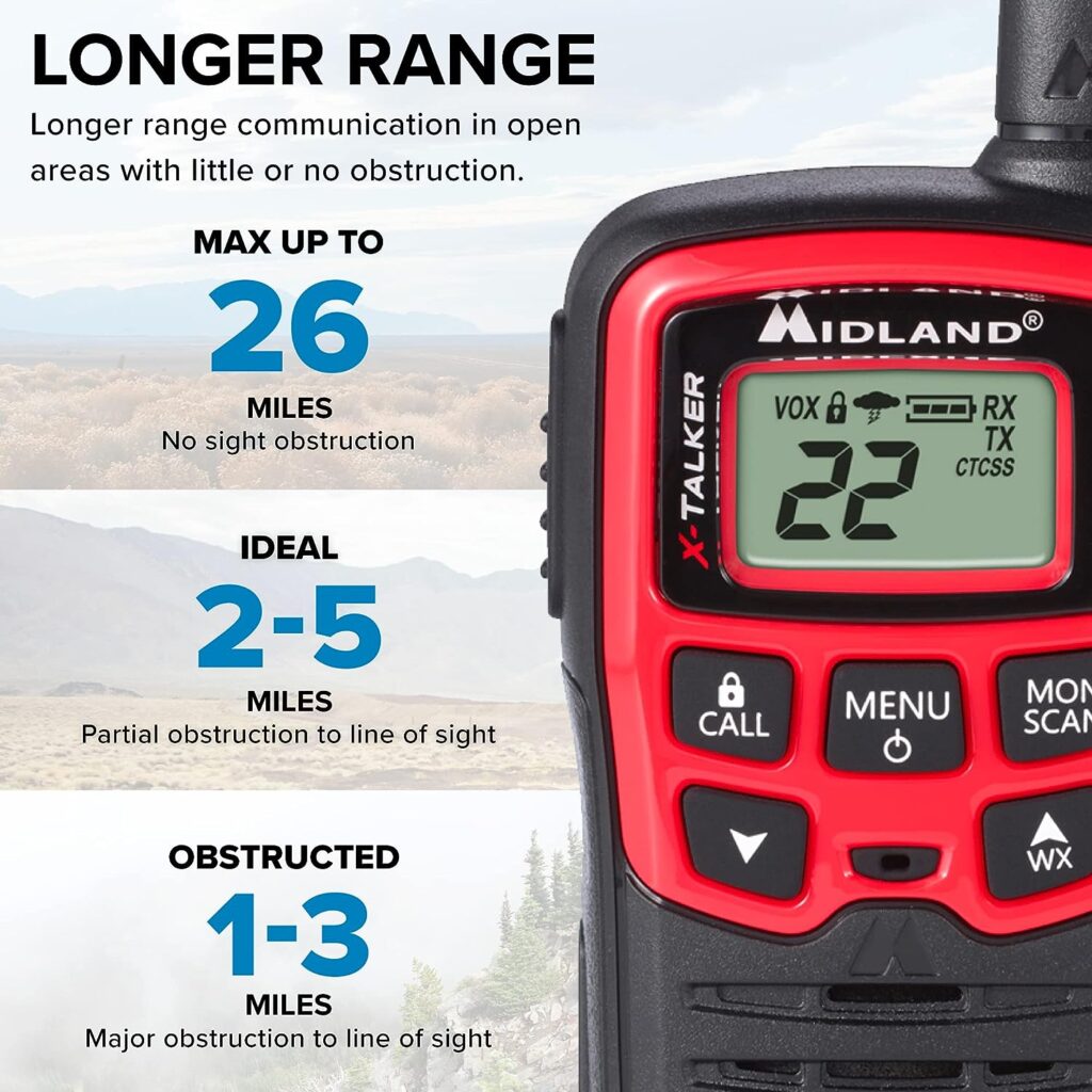 Midland - X-TALKER T31VP, 22 Channel FRS Walkie Talkies - Extended Range Two Way Radios, 38 Privacy Codes,  NOAA Weather Alert (Pair Pack) (Black/Red)