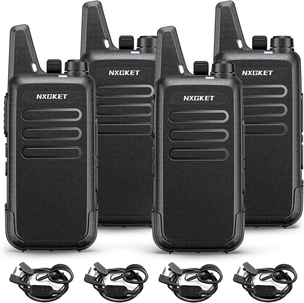NXGKET Walkie Talkies for Adults Long Range 4 Pack, Rechargeable 2-Way Radio Walkie Talkie with 1500mAh Li-ion Battery Earpiece Charge Cable Belt Clip for Commercial Cruises Hunting Hiking