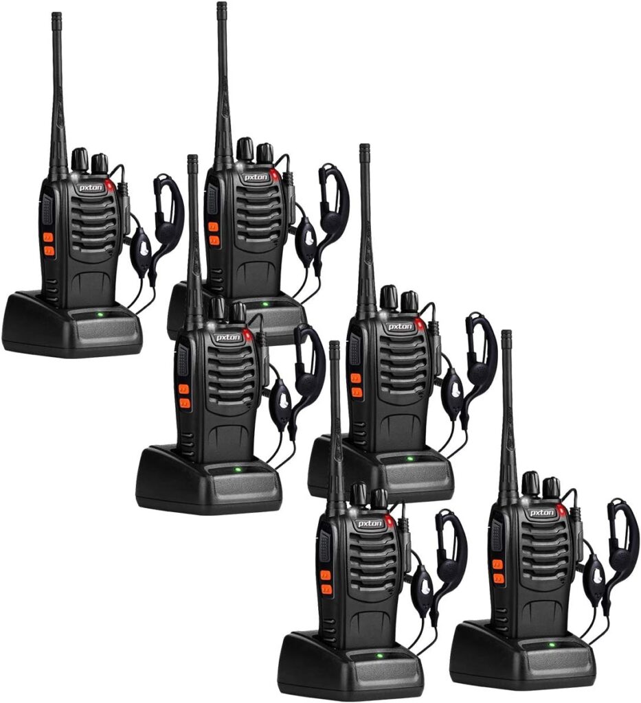 pxton Two Way Radios Long Range Walkie Talkies for Adults with Headphones,16 Channel Handheld 2 Way Radio Rechargeable with Flashlight Li-ion Battery and Charger（6 Pack）