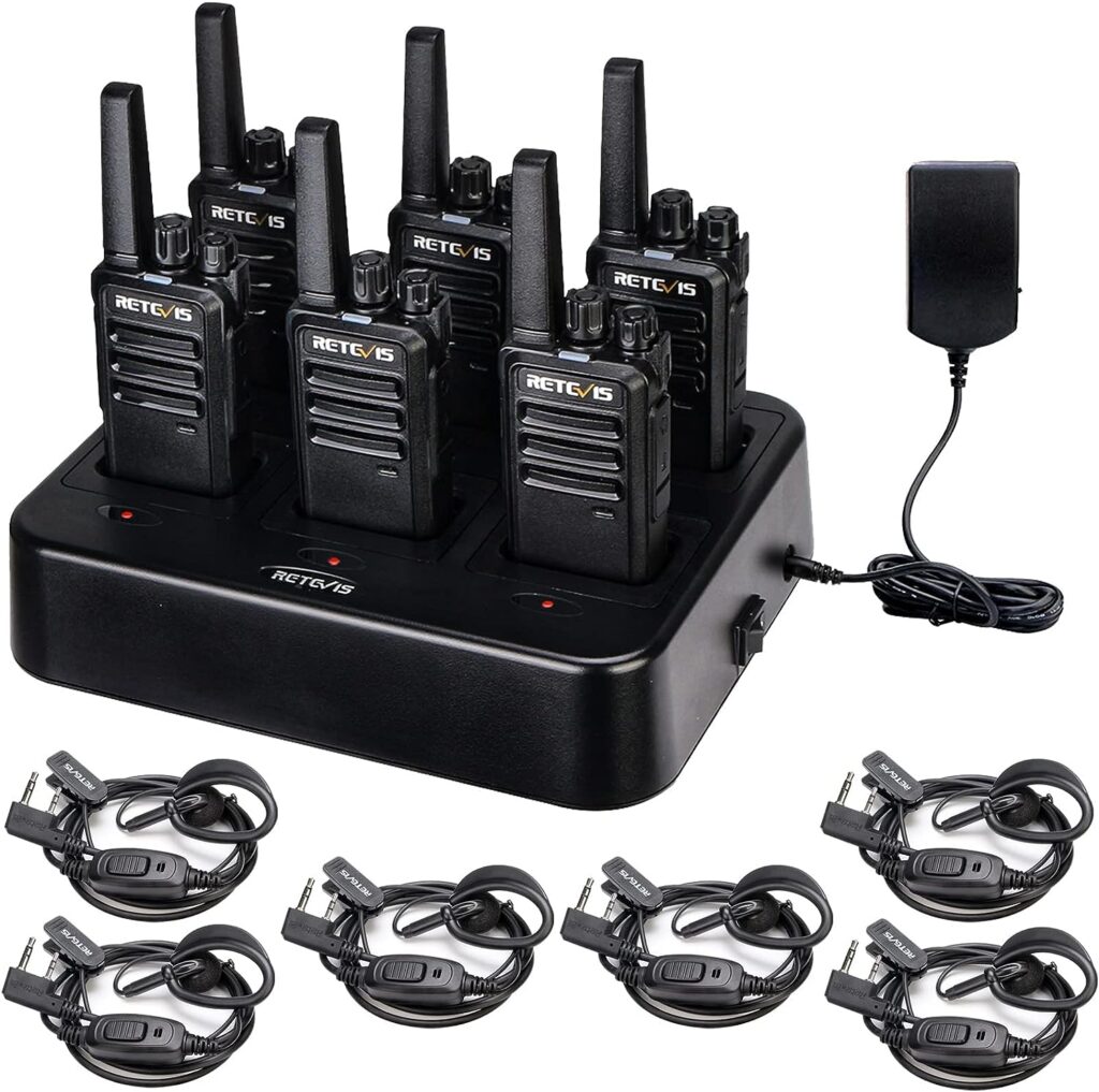 Retevis RT68 Walkie Talkies with Earpiece, Portable FRS Two-Way Radios Rechargeable, with 6 Way Multi Unit Charger, Hands Free, Long Range, Rugged 2 Way Radios 6 Pack for Adults School Church