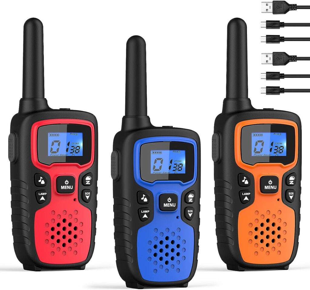 Walkie Talkies for Adults Long Range-Wishouse Rechargeable 2 Way Radios,Hiking Accessories Camping Gear Toys for Kids with Lamp,SOS Siren,NOAA Weather Alert,VOX,Easy to Use(Red Blue Orange 3 Pack)