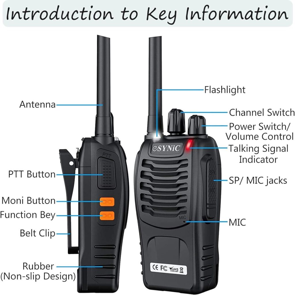 Walkie Talkies for Adults,eSynic 2Pcs Professional Walkie Talkies Rechargeable Long Range 2 Way Radio Handheld Portable Walkie Talkies Supports VOX16 Channel with LED Light Original Earpieces etc