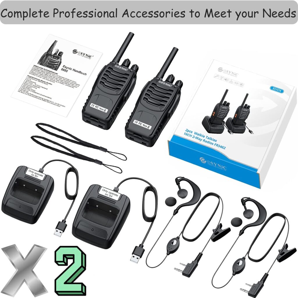 Walkie Talkies for Adults,eSynic 4Pcs Professional Walkie Talkies Rechargeable Long Range 2 Way Radio Portable Walkie Talkies Supports VOX  16CH Walky Talky with LED Light Earpieces for Activity etc