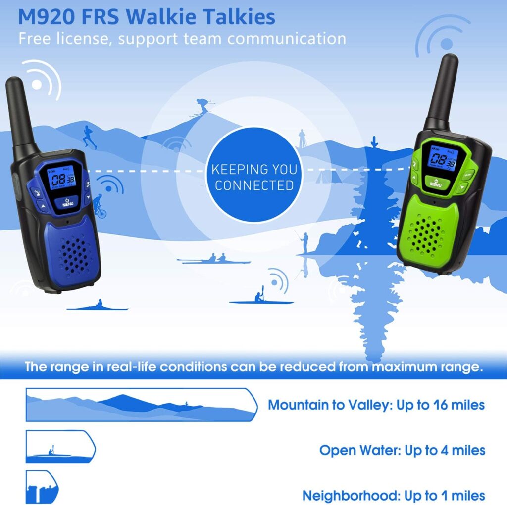 Walkie Talkies Rechargeable, 4 Pack Easy to Use Long Range Walky Talky for Adult Handheld Two Way Radio with NOAA for Hiking Camping (2Blue  2Silver with Regular Micro-USB Charger/Battery/Lanyard)